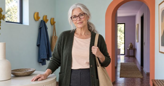 Mature woman carrying an everyday bag pauses beside a console in a bright entryway.