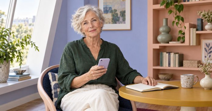 Astrology apps and personal reflection Mature woman considering a modern phone beside an open notebook.
