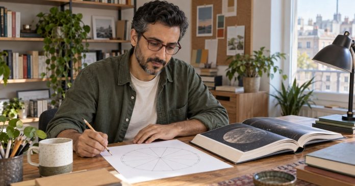 Astrology Basics: Birth Charts and Aspects Man studying a simple birth chart diagram in a home office