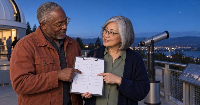Mature couple discussing a relationship checklist at an outdoor observatory