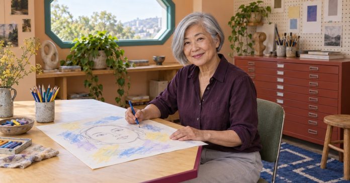 Mature woman drawing a colorful abstract portrait on paper in a bright art room.