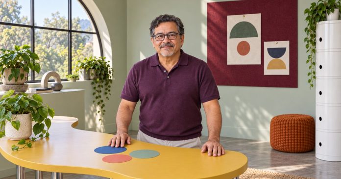 Aura symbolism and personal reflection Mature man considering colored paper shapes in a bright creative room.