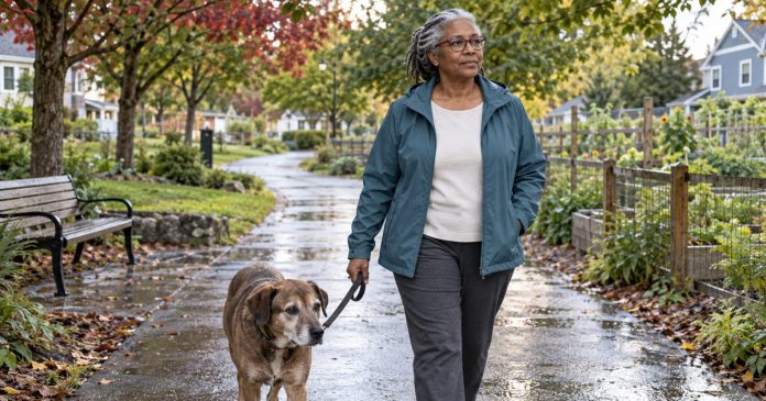 Breakup Recovery on a Neighborhood Trail Mature woman taking a quiet dog walk on a neighborhood trail