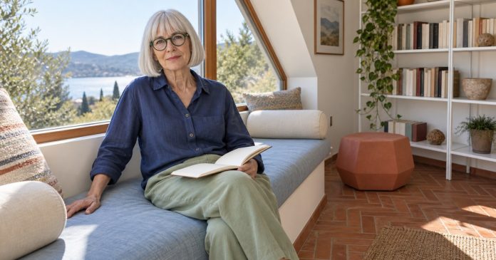 Chakra check-in without scores Mature woman pausing with a notebook on a sunlit window seat