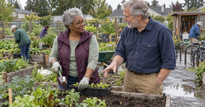 Mature woman joining a community garden workshop outdoors