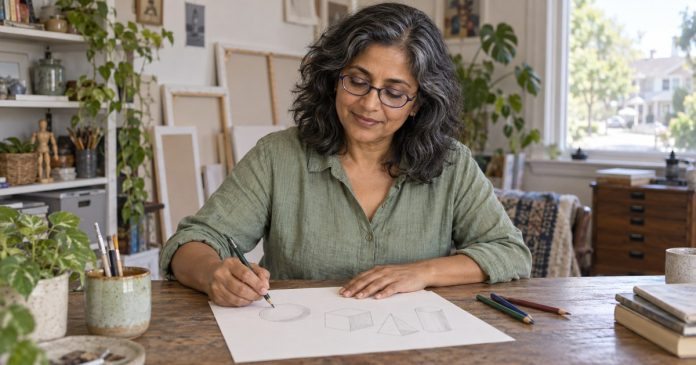 Clairvoyance and Safe Discernment Woman sketching remembered imagery in a bright home art studio
