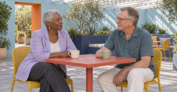 Clear dating expectations Two mature adults talking across a small courtyard table.