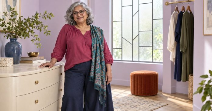 Comfort and personal style Mature woman in a comfortable colorful outfit beside a small clothing rail