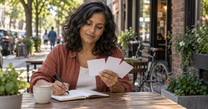Choosing compatibility over perfection Woman reflecting on relationship values at an outdoor cafe