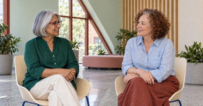 Connection through mutual understanding Two mature women talking together in a bright community atrium.