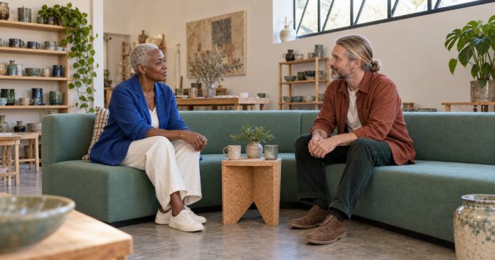 Consent boundaries and direct conversation Two mature adults having a respectful conversation in a pottery studio
