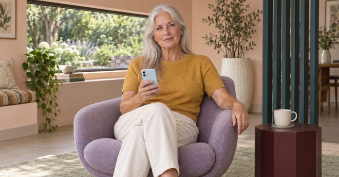 Considering a phone reading Mature woman holding a modern smartphone in a bright sitting area.