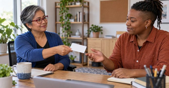 Team lead handing a blank task card to a colleague in a home office
