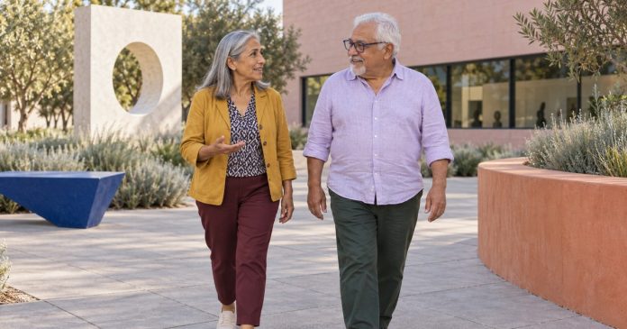 Two mature adults walking and talking in a sculpture garden.