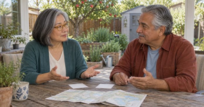 Shared decision making on an outdoor patio Couple calmly comparing options at an outdoor patio table