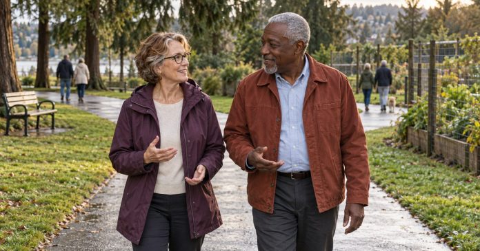 Couple focusing on their relationship during a park walk Mature couple talking during a walk in a neighborhood park
