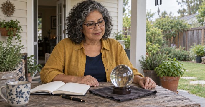 Mature woman reflecting with a glass sphere on a shaded porch