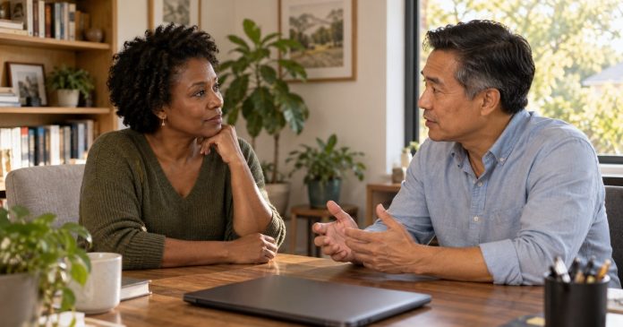 Dating Someone Who Is Separated Mature couple having an honest conversation in a bright home office