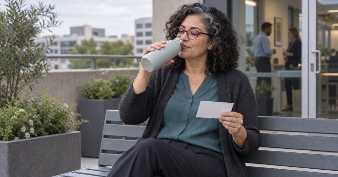 Reset after an emotionally draining conversation Woman taking a quiet reset break on an office terrace