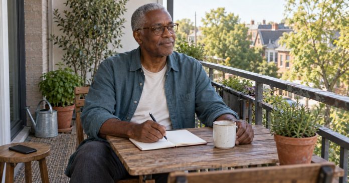 A small next step beyond escapism Mature person planning one small next step on a covered balcony