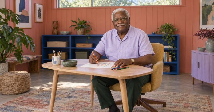 Exploring color as personal preference Mature man choosing colored pencils for a drawing in a bright hobby room.