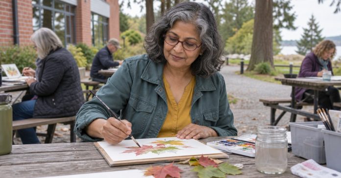 Woman exploring creative skills at an outdoor art workshop