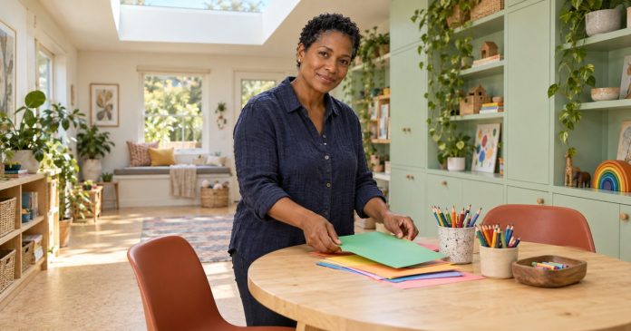 Mature woman arranging paper and pencils for a family activity