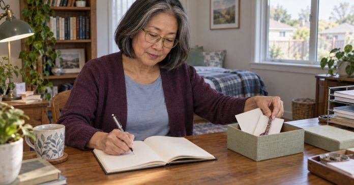 Processing a friendship breakup Woman journaling while sorting friendship mementos in a home office