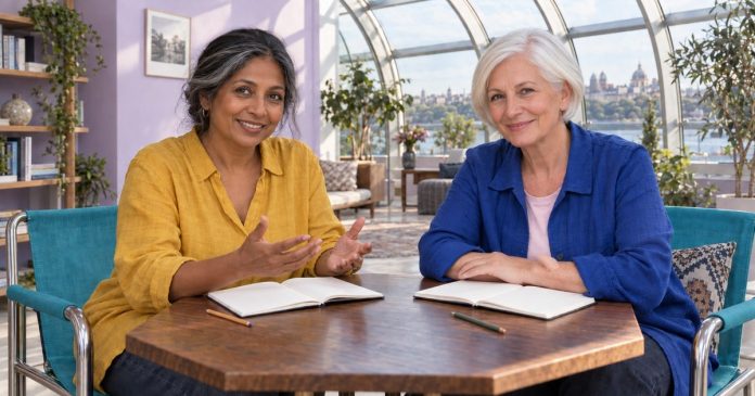 Two mature women sharing ideas at a table in a bright learning lounge