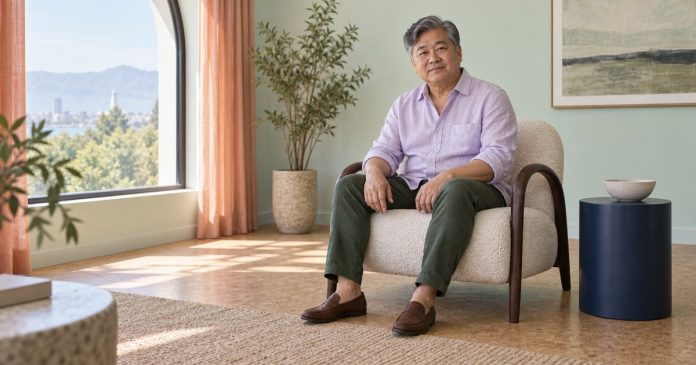 Gentle attention practice Mature man sitting comfortably with eyes open in a bright, quiet room