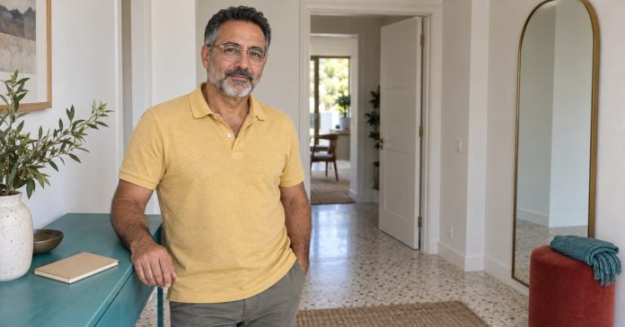 Grounded home observation Mature man standing calmly in a bright home entry hall