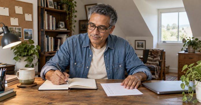Mature man writing a practical goal plan in a home office