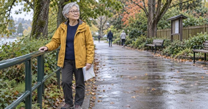 Grounding and Safety Outdoors A woman pausing beside a park path for a grounding exercise