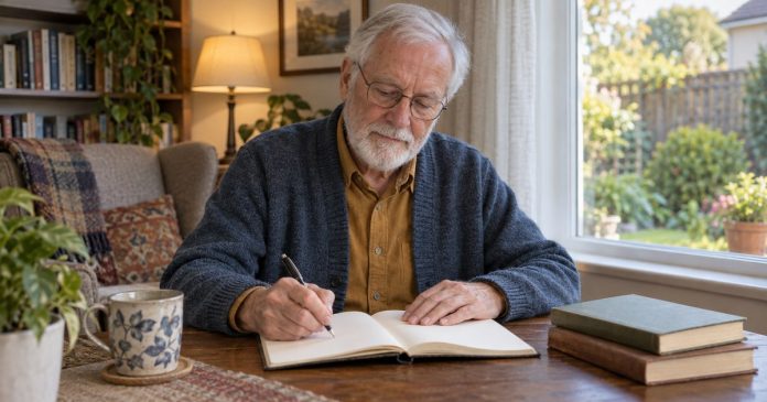 Guardian-angel belief and reflection Older man reflecting quietly with a journal in a home reading nook