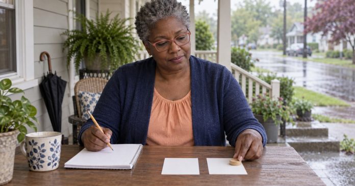 Head vs. Heart Decisions: A Practical Guide Mature woman comparing two options at a covered porch table