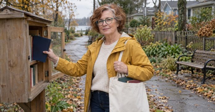 Mature volunteer stocking a neighborhood book box outdoors