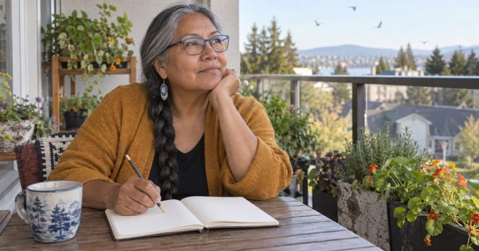 Person reflecting with a blank journal on a garden balcony