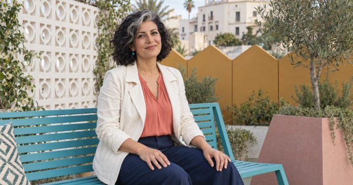 A mature woman enjoying a quiet moment on a garden terrace.