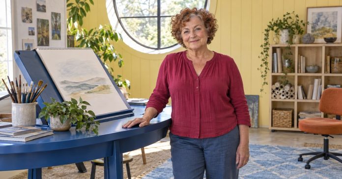 Imagination and personal meaning Mature woman beside an abstract landscape sketch in a sunlit creative workspace