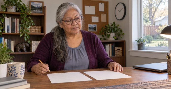 How to Make an Important Decision Without Chasing Certainty Mature woman comparing two options at a home office desk