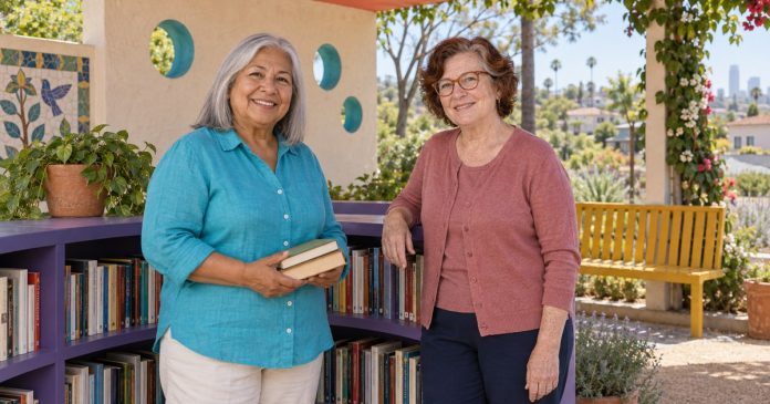 Two mature women sharing a friendly conversation beside a community book exchange.