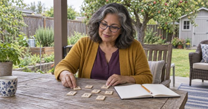 Woman working through a number exercise on a garden patio