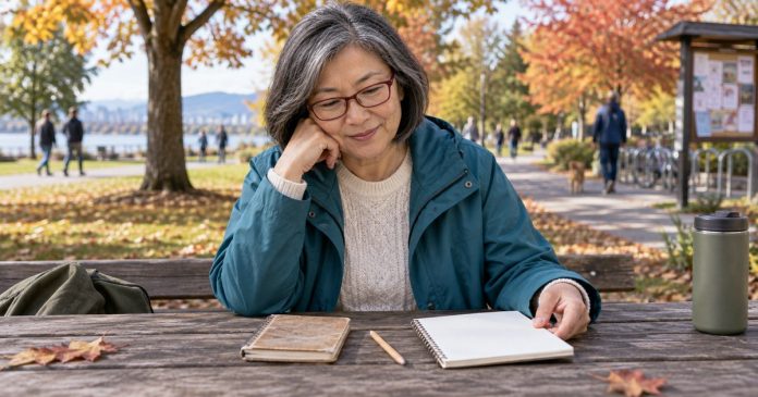 What I Wish I Knew in My 20s and 30s Woman reflecting with old notes and a new plan at an outdoor park table