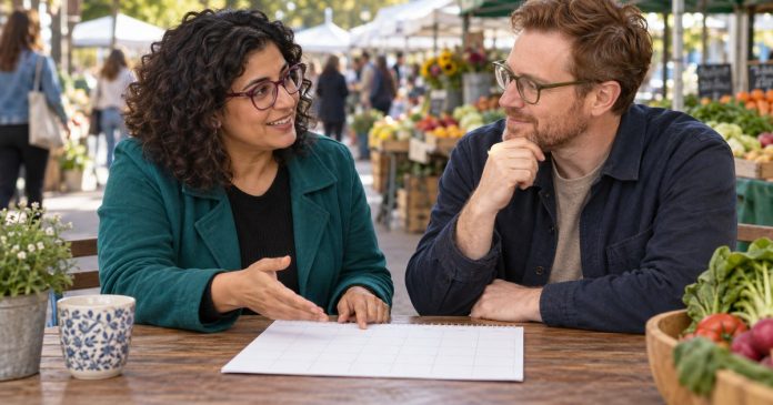 Couple discussing plans at an outdoor neighborhood market