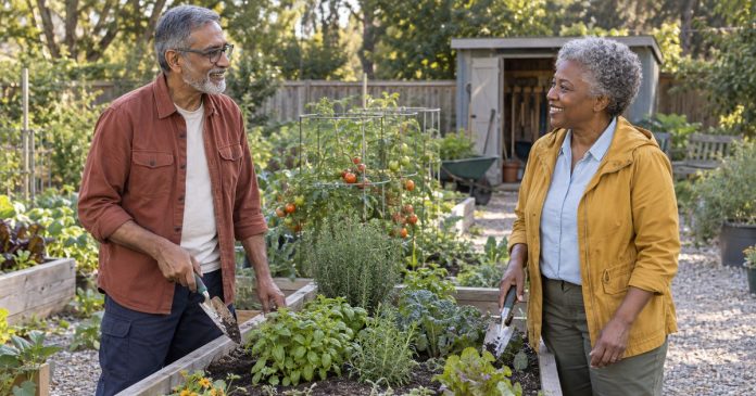 Meaningful Connection in a Community Garden Two friends talking while tending a community garden
