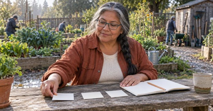 Mercury direct planning at a community garden Mature woman planning next steps at a community garden table