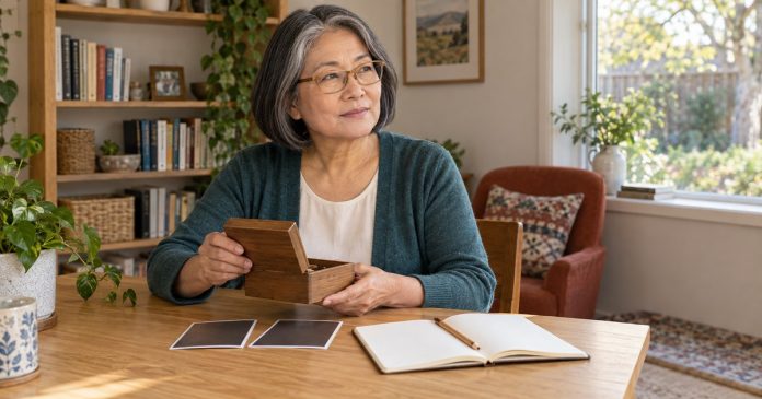 Moving forward with keepsakes in a home office Mature woman reflecting with a small keepsake box in a home office