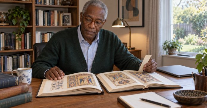 Mature reader comparing books about angels in a home study