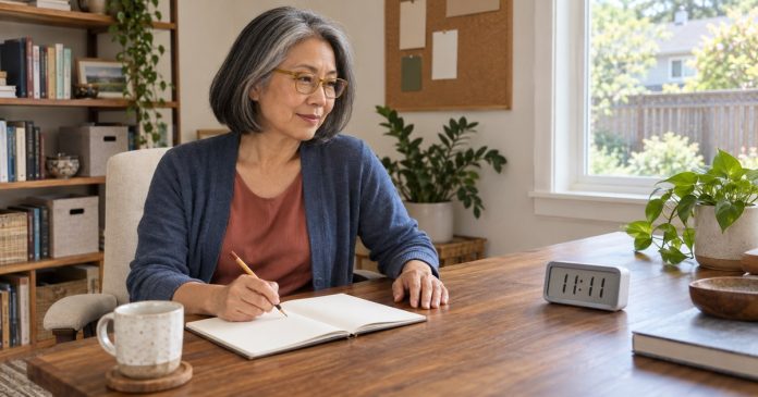 Woman reflecting beside a digital clock in a home office