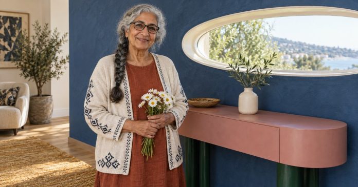 A mature woman holding white flowers beside a console.